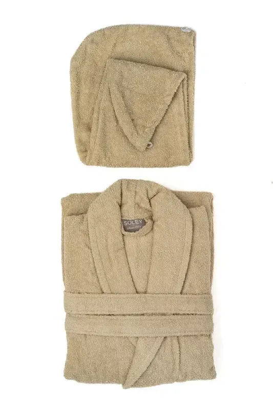 | Mayda | Extra Soft 100% Cotton Hair Bonnet & Women's Bathrobe Set-Beige - 1