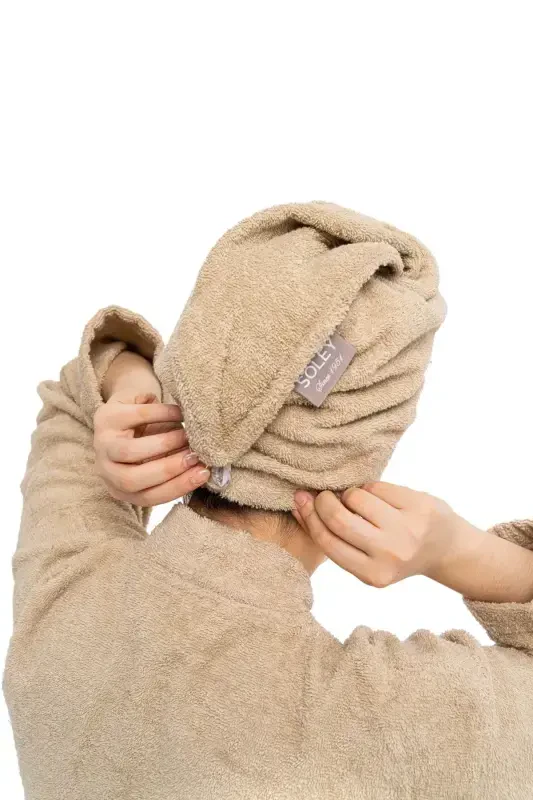 | Mayda | Extra Soft 100% Cotton Hair Bonnet & Women's Bathrobe Set-Beige - 5