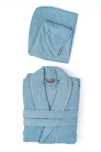 | Mayda | Extra Soft 100% Cotton Hair Bonnet & Women's Bathrobe Set-Blue - 1