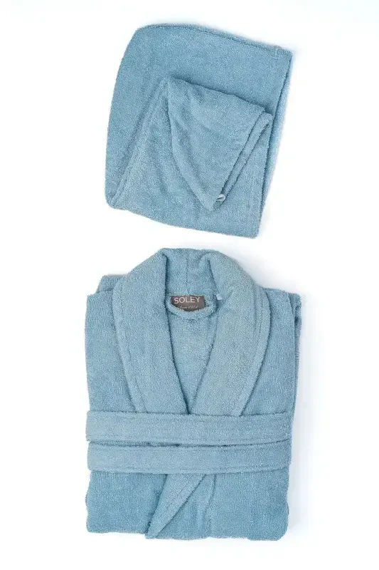 | Mayda | Extra Soft 100% Cotton Hair Bonnet & Women's Bathrobe Set-Blue - SOLEY