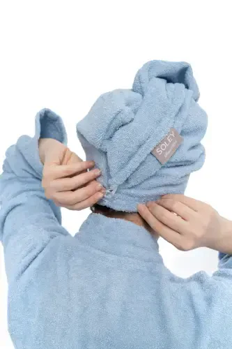 | Mayda | Extra Soft 100% Cotton Hair Bonnet & Women's Bathrobe Set-Blue - 4