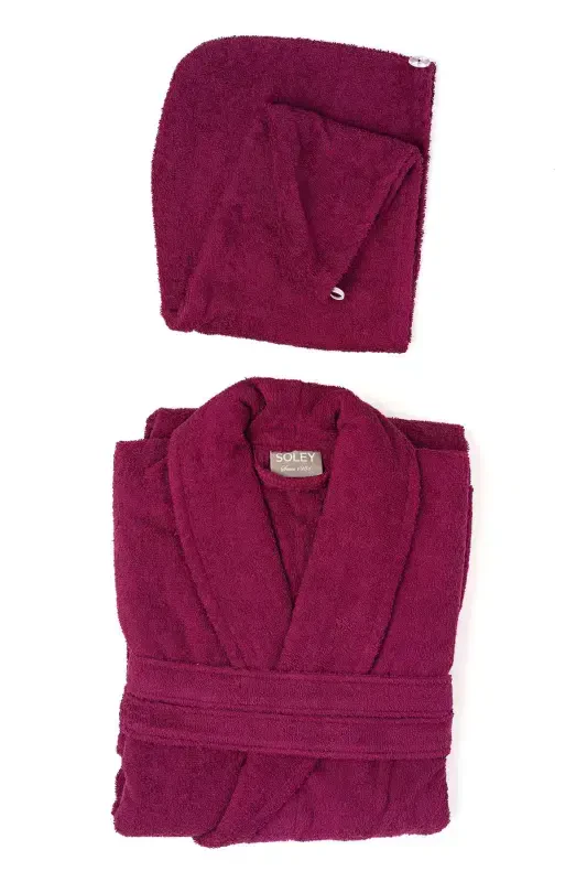 Mayda | Extra Soft 100% Cotton Hair Bonnet & Women's Bathrobe Set - Burgundy - 2