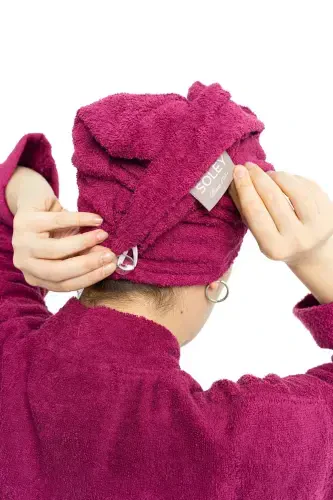 Mayda | Extra Soft 100% Cotton Hair Bonnet & Women's Bathrobe Set - Burgundy - 5
