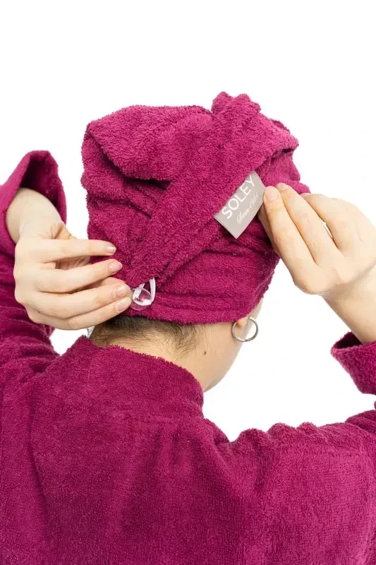 Mayda | Extra Soft 100% Cotton Hair Bonnet & Women's Bathrobe Set - Burgundy - 5