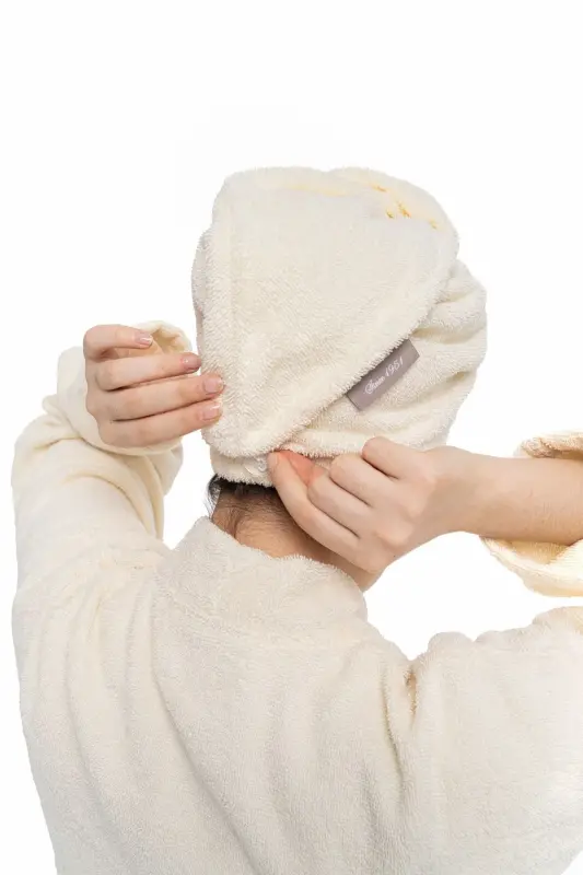 | Mayda | Extra Soft 100% Cotton Hair Bonnet & Women's Bathrobe Set-Cream - 5