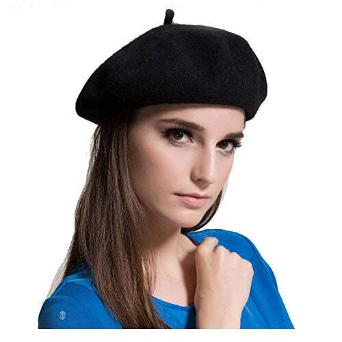 MAYMII Wool Black French Beret Hat - Solid Color Cap for Women Girls - 1