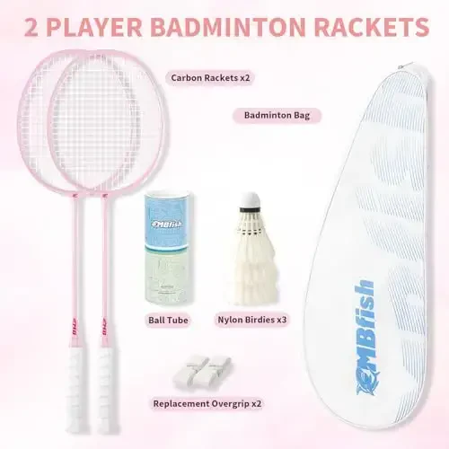 MBFISH Badminton Racket Set with 2 Carbon Fiber Rackets, 3 Shuttlecocks, 2 Replacement Racket Grip Tapes and 1 Badminton Bag - Perfect for Beginners & Outdoor Games - 5