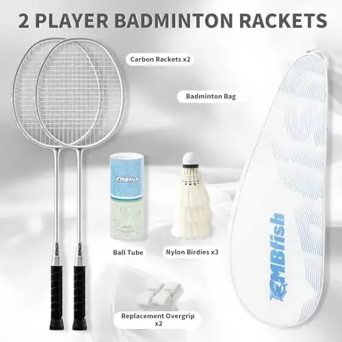 MBFISH Badminton Racket Set with 2 Carbon Fiber Rackets, 3 Shuttlecocks, 2 Replacement Racket Grip Tapes and 1 Badminton Bag - Perfect for Beginners & Outdoor Games - 6