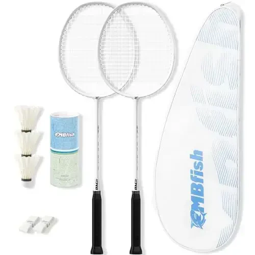 MBFISH Badminton Racket Set with 2 Carbon Fiber Rackets, 3 Shuttlecocks, 2 Replacement Racket Grip Tapes and 1 Badminton Bag - Perfect for Beginners & Outdoor Games - MODAZONE
