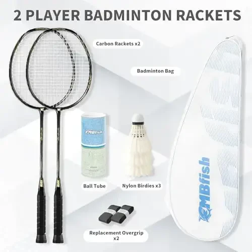 MBFISH Badminton Racket Set with 2 Carbon Fiber Rackets, 3 Shuttlecocks, 2 Replacement Racket Grip Tapes and 1 Badminton Bag - Perfect for Beginners & Outdoor Games - 6