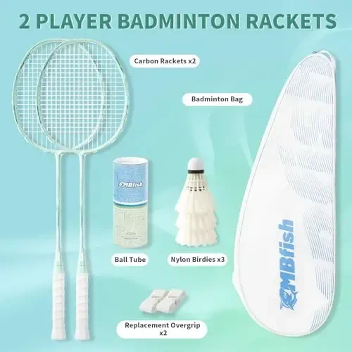 MBFISH Badminton Racket Set with 2 Carbon Fiber Rackets, 3 Shuttlecocks, 2 Replacement Racket Grip Tapes and 1 Badminton Bag - Perfect for Beginners & Outdoor Games - 6