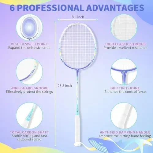 MBFISH Badminton Racket Set with 2 Carbon Fiber Rackets, 3 Shuttlecocks, 2 Replacement Racket Grip Tapes and 1 Badminton Bag - Perfect for Beginners & Outdoor Games - 2