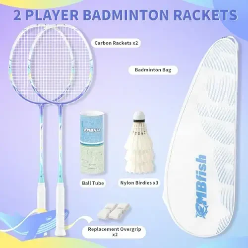 MBFISH Badminton Racket Set with 2 Carbon Fiber Rackets, 3 Shuttlecocks, 2 Replacement Racket Grip Tapes and 1 Badminton Bag - Perfect for Beginners & Outdoor Games - 6