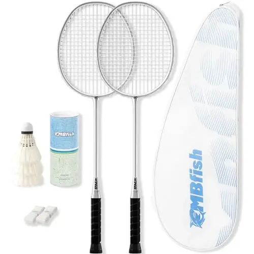 MBFISH Badminton Racket Set with 2 Carbon Fiber Rackets, 3 Shuttlecocks, 2 Replacement Racket Grip Tapes and 1 Badminton Bag - Perfect for Beginners & Outdoor Games 4U - MBFISH