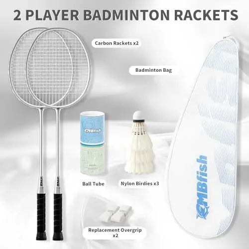 MBFISH Badminton Racket Set with 2 Carbon Fiber Rackets, 3 Shuttlecocks, 2 Replacement Racket Grip Tapes and 1 Badminton Bag - Perfect for Beginners & Outdoor Games 4U - MBFISH (1)