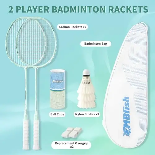 MBFISH Badminton Racket Set with 2 Carbon Fiber Rackets, 3 Shuttlecocks, 2 Replacement Racket Grip Tapes and 1 Badminton Bag - Perfect for Beginners & Outdoor Games 4U - 6