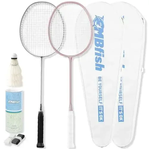 MBFISH Badminton Racket Set with 2 Carbon Fiber Racquets 5U, 3 Shuttlecocks, 2 Racket Grip Tapes and 2 Badminton Bag - Perfect for Outdoor Games and Gym 5U - MBFISH