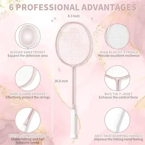 MBFISH Badminton Raket to'plami 2 ta uglerod tolali raketka, 3 ta volan, 2 ta almashtiriladigan raketka tutqichi va 1 ta badminton sumkasi - yangi boshlanuvchilar va ochiq havoda o'yinlar uchun ideal 4U - 3