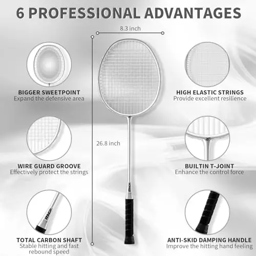 MBFISH Badminton Racket Set with 2 Carbon Fiber Rackets, 3 Shuttlecocks, 2 Replacement Racket Grip Tapes and 1 Badminton Bag - Perfect for Beginners & Outdoor Games 4U - 2