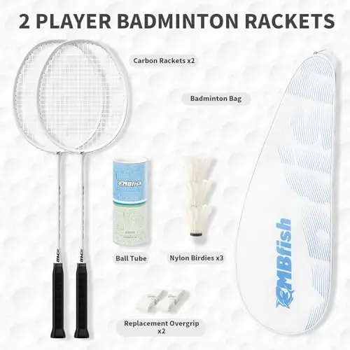 MBFISH Badminton Racket Set with 2 Carbon Fiber Rackets, 3 Shuttlecocks, 2 Replacement Racket Grip Tapes and 1 Badminton Bag - Perfect for Beginners & Outdoor Games 4U - 2