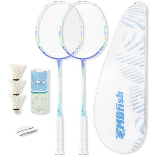 MBFISH Badminton Raketi Seti, 2 Karbon Fiber Raketi, 3 Volan, 2 Yedek Raketi Sapı Bandı ve 1 Badminton Çantası ile - Başlangıç Seviyesi ve Açık Oyunlar İçin Mükemmel - 1