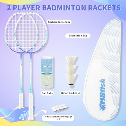 MBFISH Badminton Raketi Seti, 2 Karbon Fiber Raketi, 3 Volan, 2 Yedek Raketi Sapı Bandı ve 1 Badminton Çantası ile - Başlangıç Seviyesi ve Açık Oyunlar İçin Mükemmel - 2