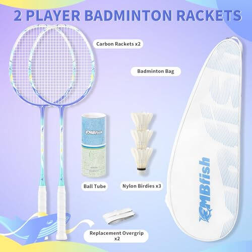 MBFISH Badminton Raketi Seti, 2 Karbon Fiber Raketi, 3 Volan, 2 Yedek Raketi Sapı Bandı ve 1 Badminton Çantası ile - Başlangıç Seviyesi ve Açık Oyunlar İçin Mükemmel - 2