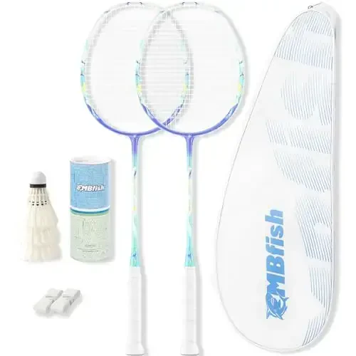 MBFISH Badminton Raketi To'plami, 2 ta Karbon Tolali Raketa, 3 ta Volan, 2 ta Yedek Raketa Tutish Lentalari va 1 ta Badminton Sumkasi bilan - Boshlanuvchilar va ochiq havoda o'ynash uchun mukammal - 5