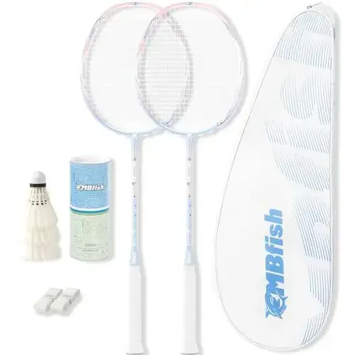 MBFISH Badminton Raketi To'plami, 2 ta Karbon Tolali Raketa, 3 ta Voliybol, 2 ta almashtiriladigan Raketa Tutadigan Lentasi va 1 ta Badminton Sumkasi - Yangi Boshlanuvchilar va Ochiq Havoda O'yinlar Uchun Mukammal - 5