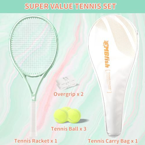 MBFISH Tennis Racket - Super Value Set with Pre-Strung, Comfortable Handle, 27'' Tennis Racquet for Adults, Includes 3 Tennis Balls, 2 Overgrips and 1 Tennis Bag - 6