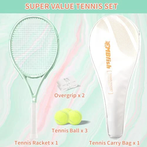 MBFISH Tennis Racket - Super Value Set with Pre-Strung, Comfortable Handle, 27'' Tennis Racquet for Adults, Includes 3 Tennis Balls, 2 Overgrips and 1 Tennis Bag - 6