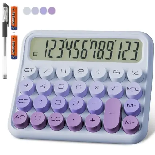 Mechanical Calculator 12 Digit Extra Large 5-Inch LCD Display, DECKLIT Battery Desk Calculator, Big Buttons Easy to Press Office Calculators Desktop, 15°Tilt Screen for Kids Calculator(Purple&Pink) - 1