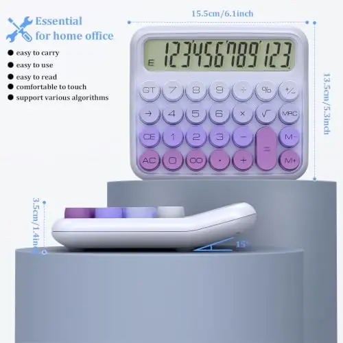 Mechanical Calculator 12 Digit Extra Large 5-Inch LCD Display, DECKLIT Battery Desk Calculator, Big Buttons Easy to Press Office Calculators Desktop, 15°Tilt Screen for Kids Calculator(Purple&Pink) - 4