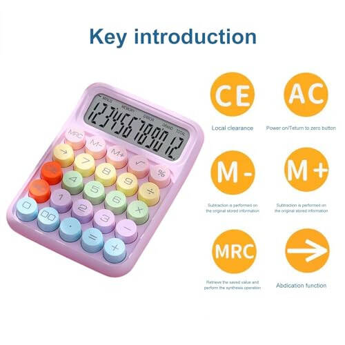 Mechanical Calculator, Pink Calculator 12 Digit Large LCD Display Big Round Button Calculator, Typewriter-Inspired Mechanical Key Calculator for Office, School, Business (Pink Purple) - 5