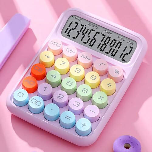 Mechanical Calculator, Pink Calculator 12 Digit Large LCD Display Big Round Button Calculator, Typewriter-Inspired Mechanical Key Calculator for Office, School, Business (Pink Purple) - 6