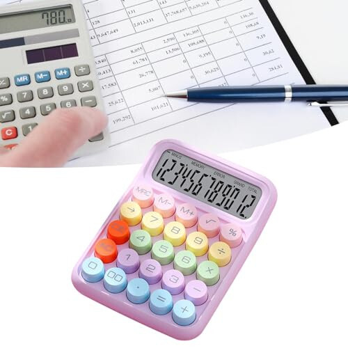 Mechanical Calculator, Pink Calculator 12 Digit Large LCD Display Big Round Button Calculator, Typewriter-Inspired Mechanical Key Calculator for Office, School, Business (Pink Purple) - XUJIQI (1)