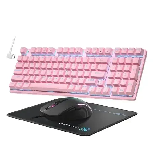 Mechanical Gaming Keyboard and Mouse, LED Backlit 98-Key Floating Keycap & 4 DPI RGB Gaming Mouse with Mouse Pad, Full Anti-Ghost Light Up Wired Computer Keyboards for MAC PC Gamer Accessories, Pink - 1