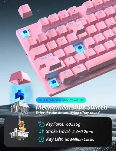 Mechanical Gaming Keyboard and Mouse, LED Backlit 98-Key Floating Keycap & 4 DPI RGB Gaming Mouse with Mouse Pad, Full Anti-Ghost Light Up Wired Computer Keyboards for MAC PC Gamer Accessories, Pink - 6