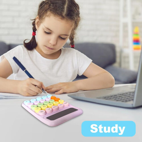 Mechanical Pink Calculator - Cute 12 Digit Large LCD Display, Big Round Buttons, 15 Tilt Screen for Office and Kids (Pink Purple) 