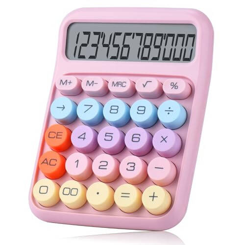 Mechanical Pushbutton Calculator, 12 Digit Large LCD Display, Big Buttons Easy to Press, Colorful Candy Calculator, Automatic Sleep, with Battery. for Office, School, Home. (Pink) - 1