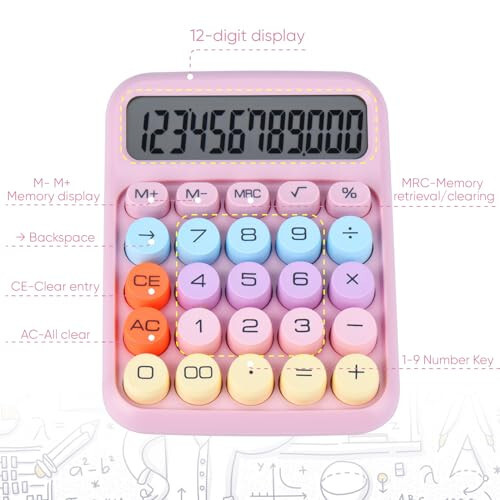 Mechanical Pushbutton Calculator, 12 Digit Large LCD Display, Big Buttons Easy to Press, Colorful Candy Calculator, Automatic Sleep, with Battery. for Office, School, Home. (Pink) - 2