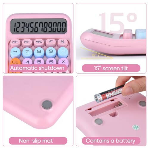 Mechanical Pushbutton Calculator, 12 Digit Large LCD Display, Big Buttons Easy to Press, Colorful Candy Calculator, Automatic Sleep, with Battery. for Office, School, Home. (Pink) - 3