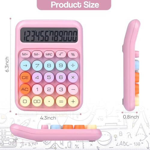 Mechanical Pushbutton Calculator, 12 Digit Large LCD Display, Big Buttons Easy to Press, Colorful Candy Calculator, Automatic Sleep, with Battery. for Office, School, Home. (Pink) - 4