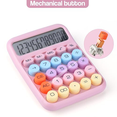 Mechanical Pushbutton Calculator, 12 Digit Large LCD Display, Big Buttons Easy to Press, Colorful Candy Calculator, Automatic Sleep, with Battery. for Office, School, Home. (Pink) - 6