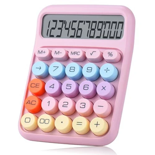 Mechanical Pushbutton Calculator, 12 Digit Large LCD Display, Big Buttons Easy to Press, Colorful Candy Calculator, Automatic Sleep, with Battery. for Office, School, Home. (Pink) - MODAZONE