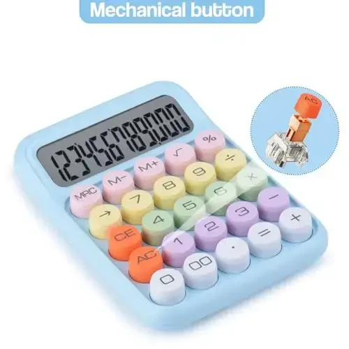 Mechanical Pushbutton Calculator,12 Digit Large LCD Display,Big Buttons Easy to Press,Colorful Candy Calculator,Automatic Sleep,with Battery.for Office,School, Home. (Blue) - 2