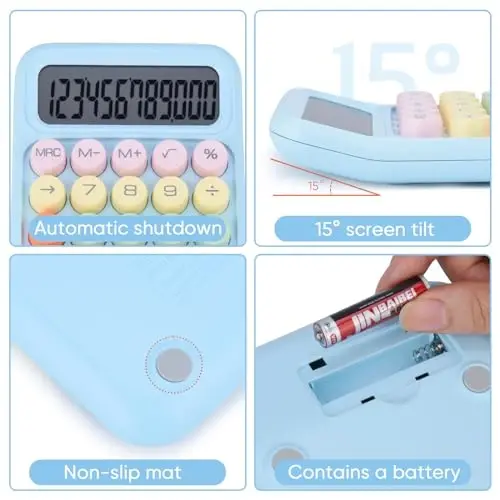 Mechanical Pushbutton Calculator,12 Digit Large LCD Display,Big Buttons Easy to Press,Colorful Candy Calculator,Automatic Sleep,with Battery.for Office,School, Home. (Blue) - 4