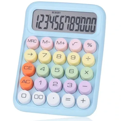 Mechanical Pushbutton Calculator,12 Digit Large LCD Display,Big Buttons Easy to Press,Colorful Candy Calculator,Automatic Sleep,with Battery.for Office,School, Home. (Blue) - 1