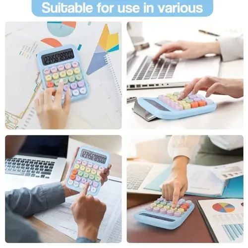 Mechanical Pushbutton Calculator,12 Digit Large LCD Display,Big Buttons Easy to Press,Colorful Candy Calculator,Automatic Sleep,with Battery.for Office,School, Home. (Blue) - 6