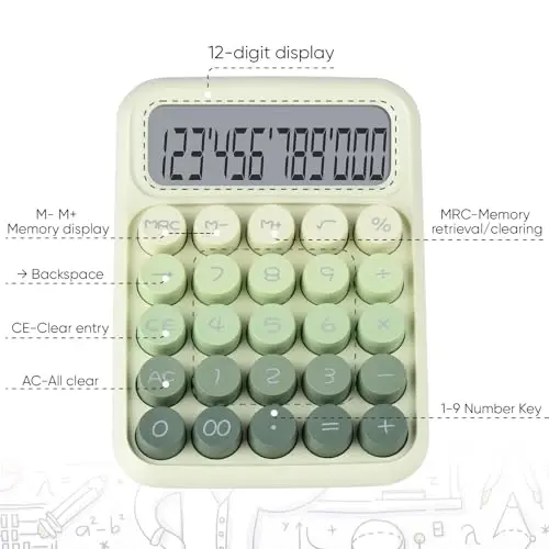 Mechanical Pushbutton Calculator,12 Digit Large LCD Display,Big Buttons Easy to Press,Colorful Candy Calculator,Automatic Sleep,with Battery.for Office,School, Home. (Green) - 5